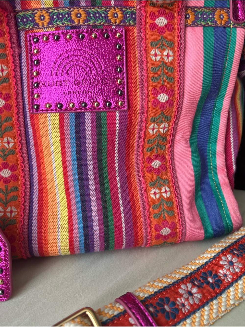 Kurt Geiger Pink Multicolor Striped Crossbody Tote - Picture 2 of 5